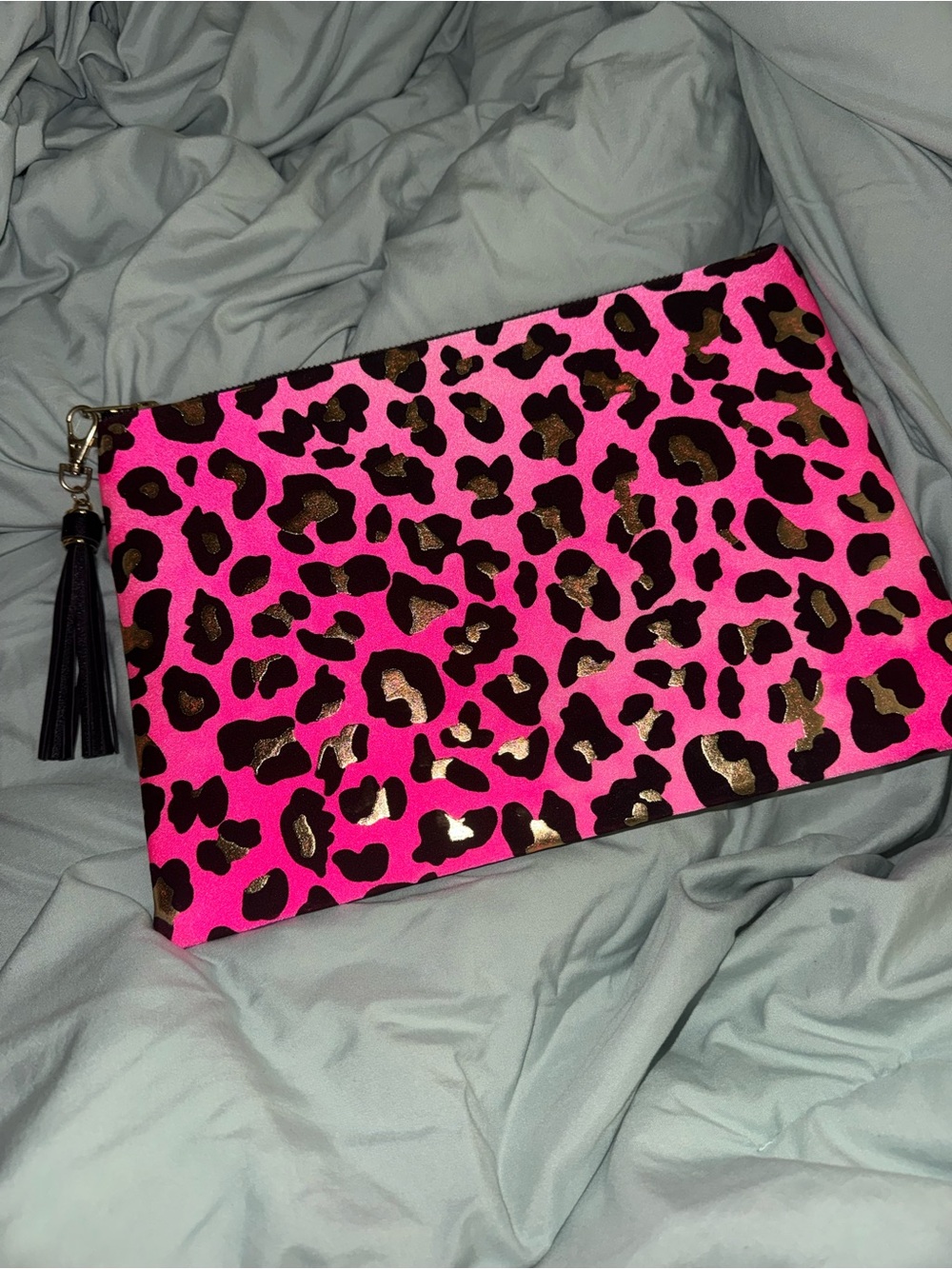 Pink Leopard Print Wristlet Clutch with Tassel